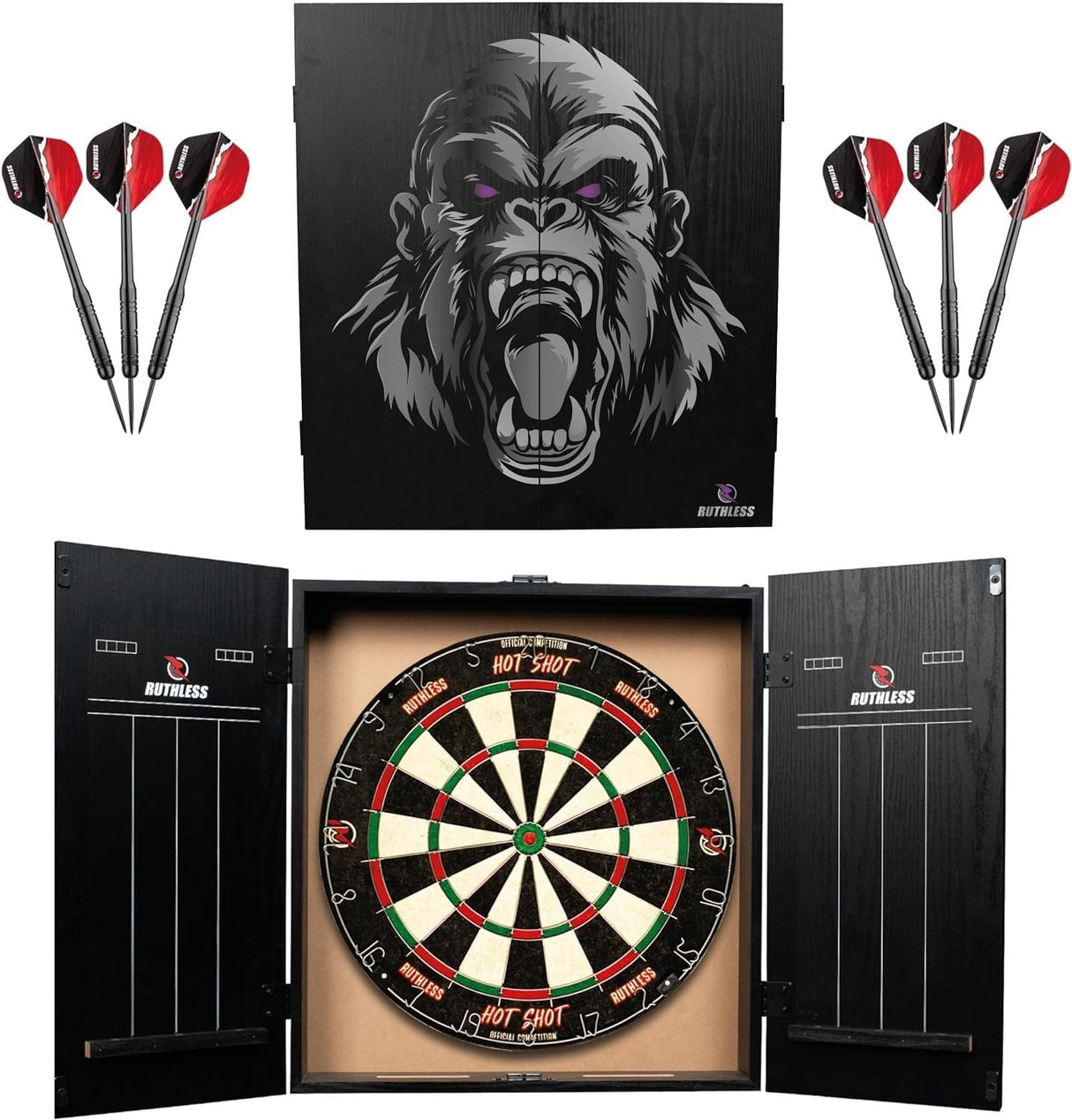 Ruthless Animal Home Darts Centre - Hotshot Dartboard in Cabinet - Gorilla