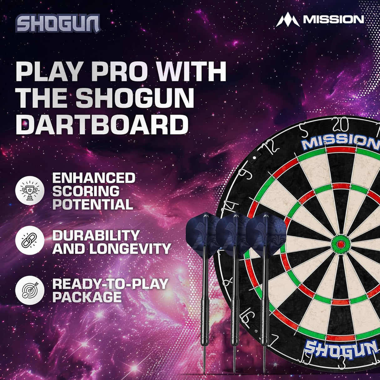 Mission Shogun Dartboard Set - Round Wire Dartboard with 2 sets of darts