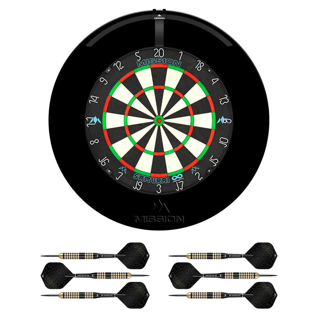 Mission Samurai Infinity Dartboard Set - Dart Board, Surround, Torus 100 Light & 2 sets of Brass Darts - Black