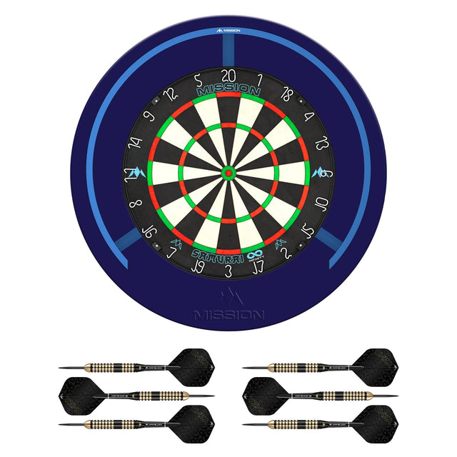 Mission Samurai Infinity Dartboard Set - Dart Board, Surround, Torus 270 Light & 2 sets of Brass Darts - Blue