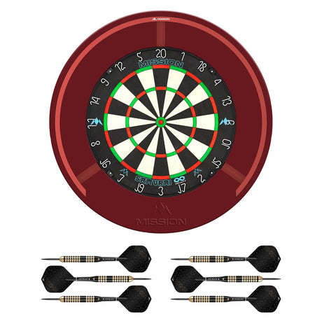 Mission Samurai Infinity Dartboard Set - Dart Board, Surround, Torus 270 Light & 2 sets of Brass Darts - Red