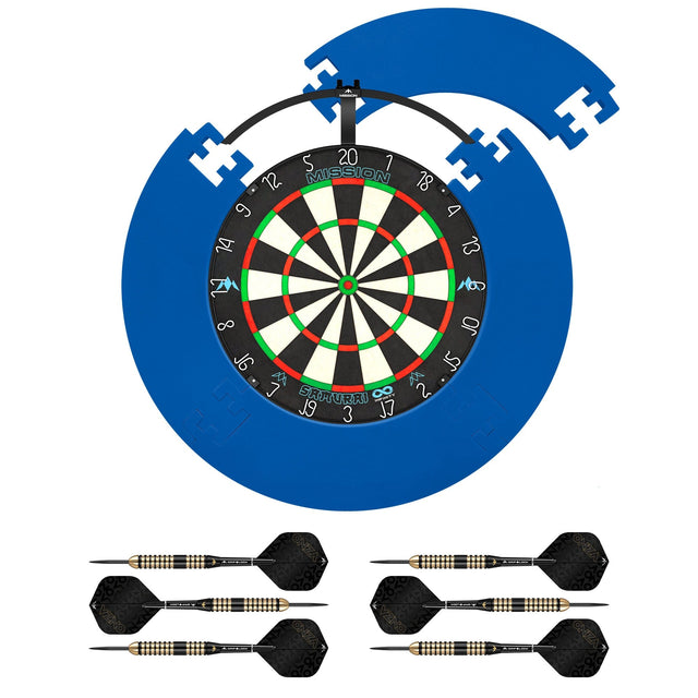 Mission Samurai Infinity Dartboard Set - Dart Board, Jigsaw Surround, Torus 100 Light & 2 sets of Brass Darts - Blue