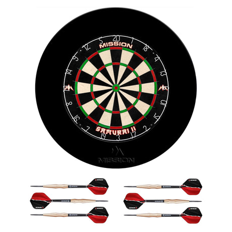 Mission Samurai II Dartboard Set - Dart Board, Surround & 2 sets of Brass Darts - Black