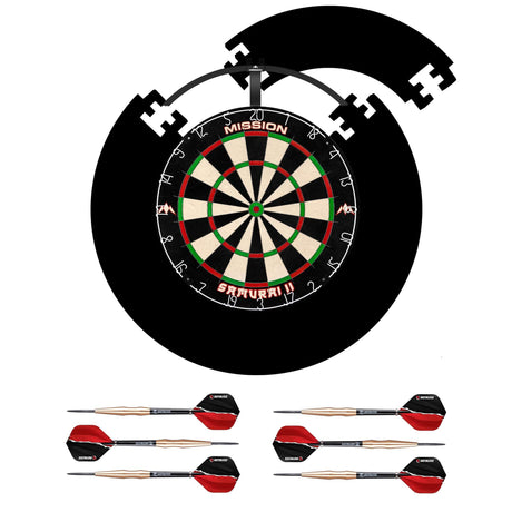 Mission Samurai II Dartboard Set - Dart Board, Jigsaw Surround, Torus 100 Light & 2 sets of Brass Darts - Black