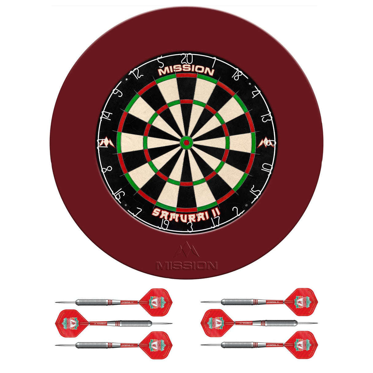 Mission Samurai II x Liverpool Dartboard Set - Dart Board, Surround & 2 sets of Brass Darts - Red