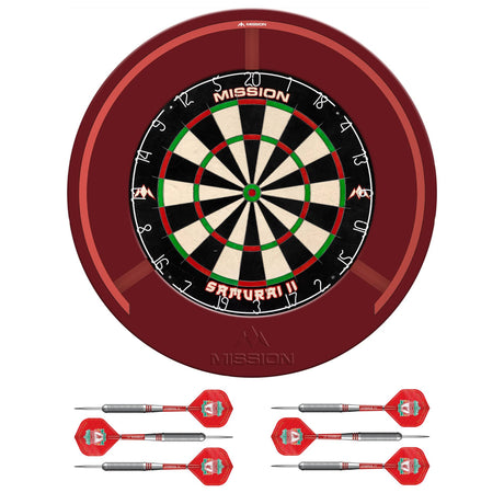 Mission Samurai II x Liverpool Dartboard Set - Dart Board, Surround, Torus 270 Light & 2 sets of Brass Darts - Red