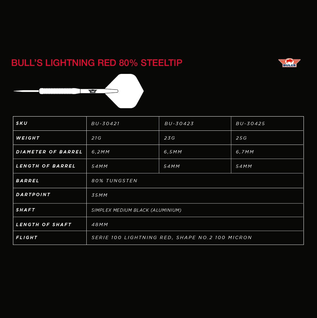 Bulls Lightning Red Darts - Steel Tip - 80% Tungsten