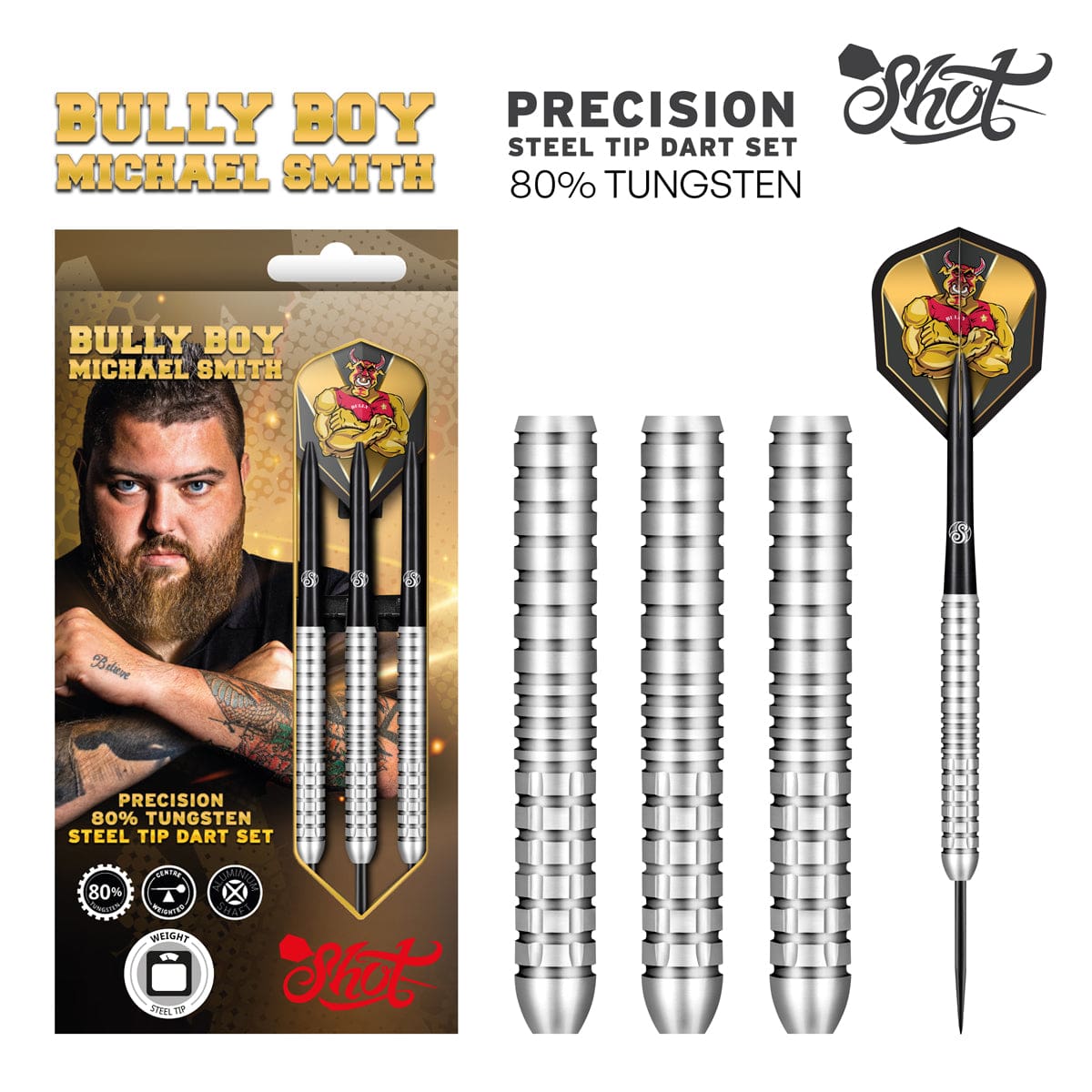 Shot Michael Smith Darts - Steel Tip Tungsten - Bully Boy - Precision