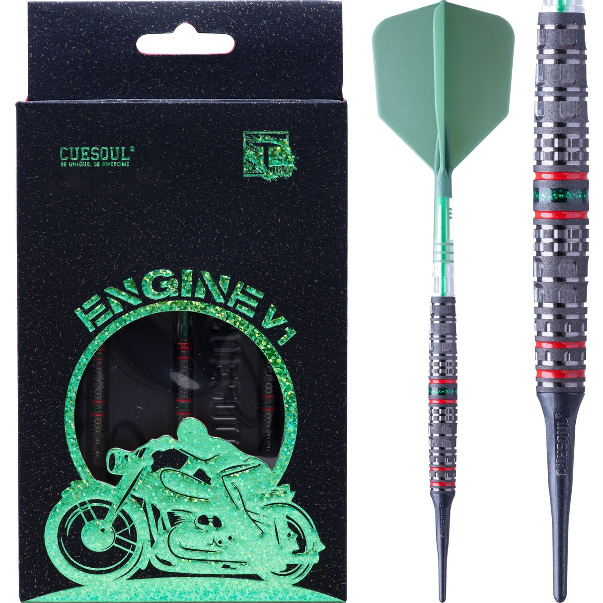 Cuesoul Engine V1 Darts - Soft Tip - 90% Tungsten - Hope Ring - Green