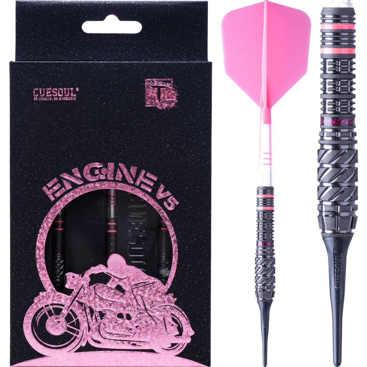 Cuesoul Engine V5 Darts - Soft Tip - 90% Tungsten - Hope Ring - Pink