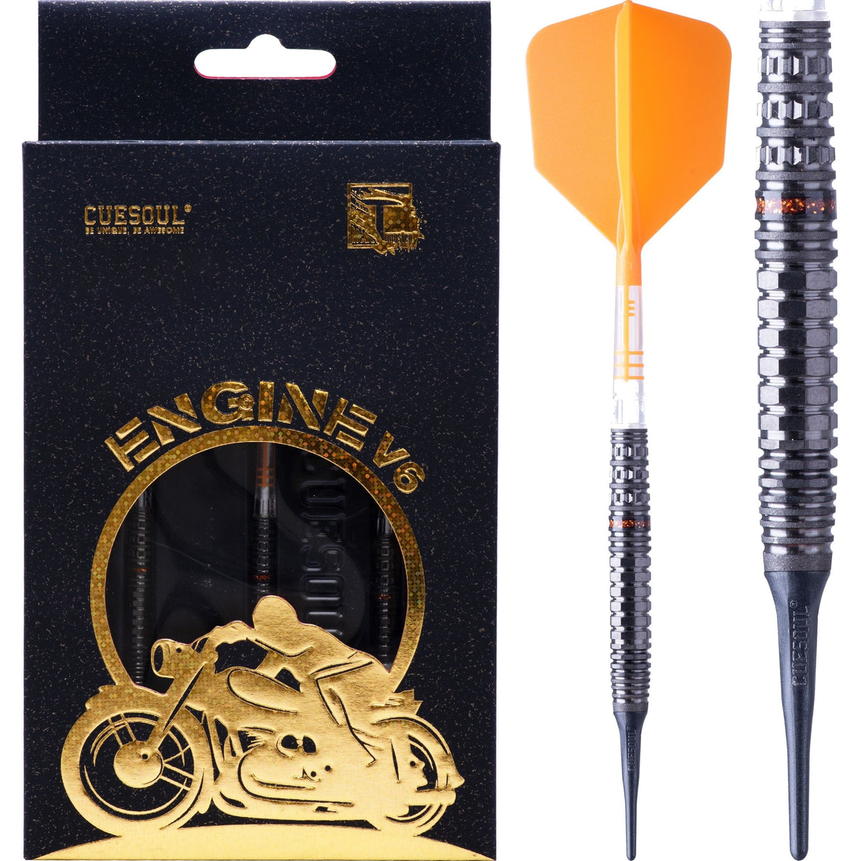 Cuesoul Engine V6 Darts - Soft Tip - 90% Tungsten - Hope Ring - Gold