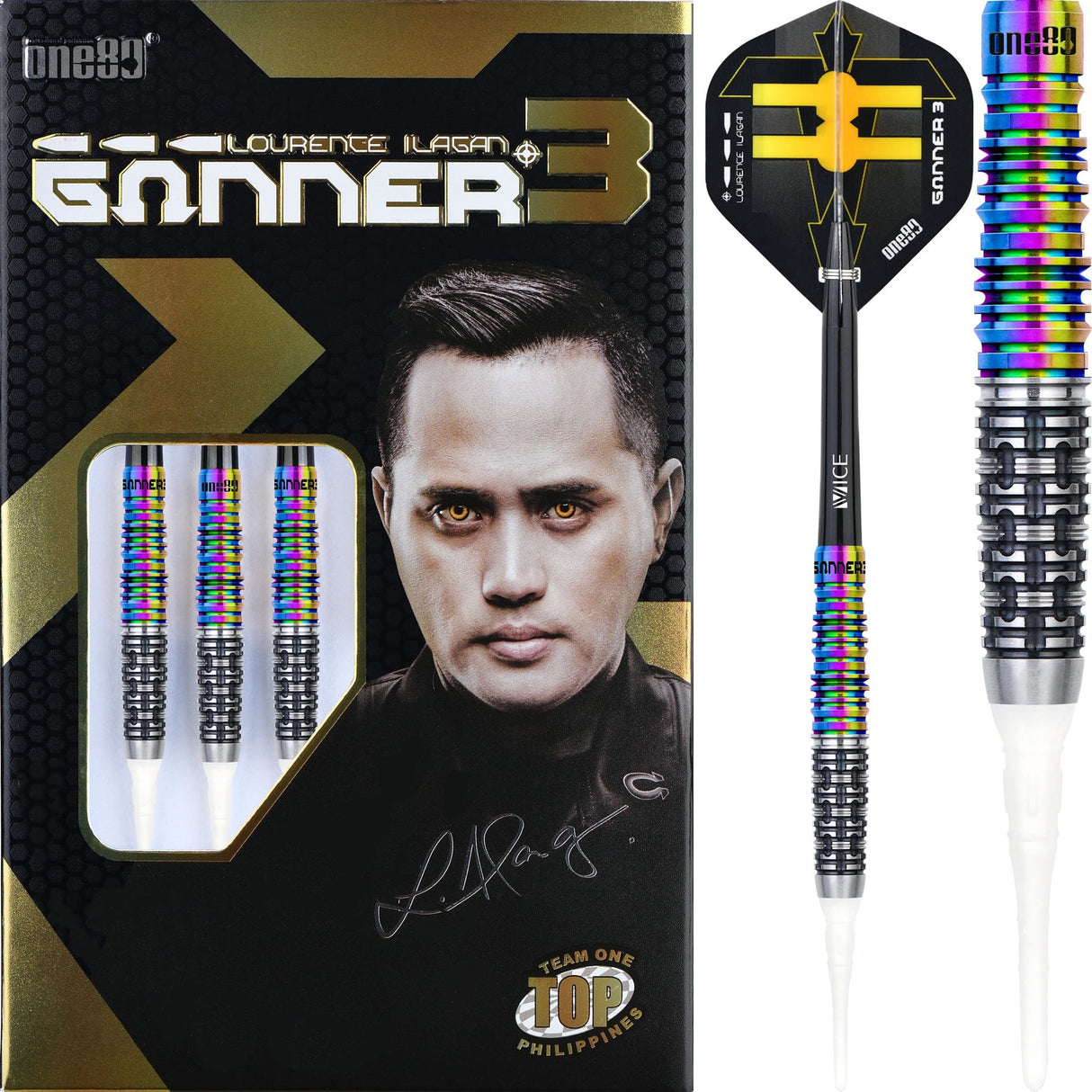 One80 Gunner III Darts - Soft Tip - Lourence Ilagan - Black & Chameleon 22g