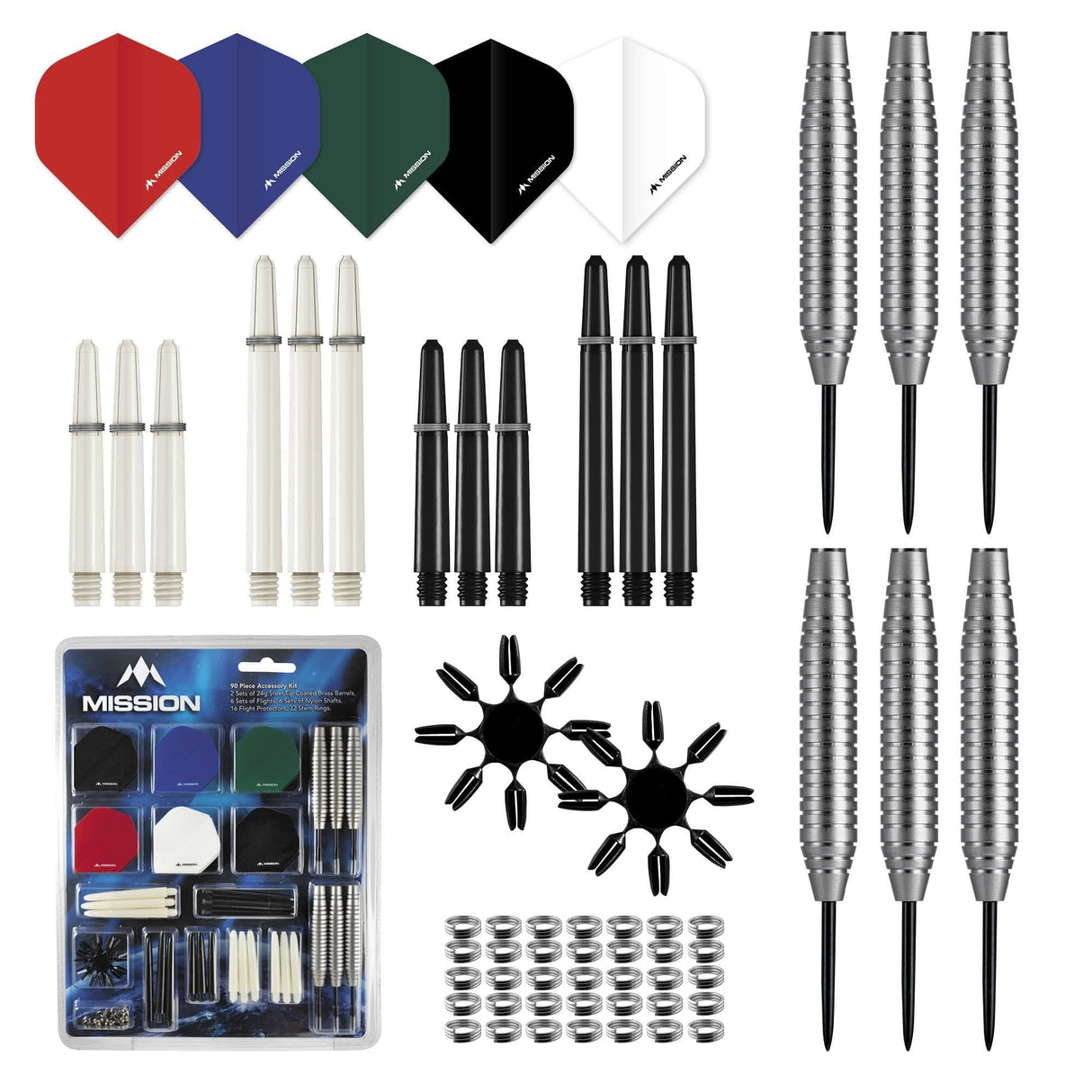 Mission Darts Accessory Kit - 90 Piece - Flights, Shafts - Steel Tip