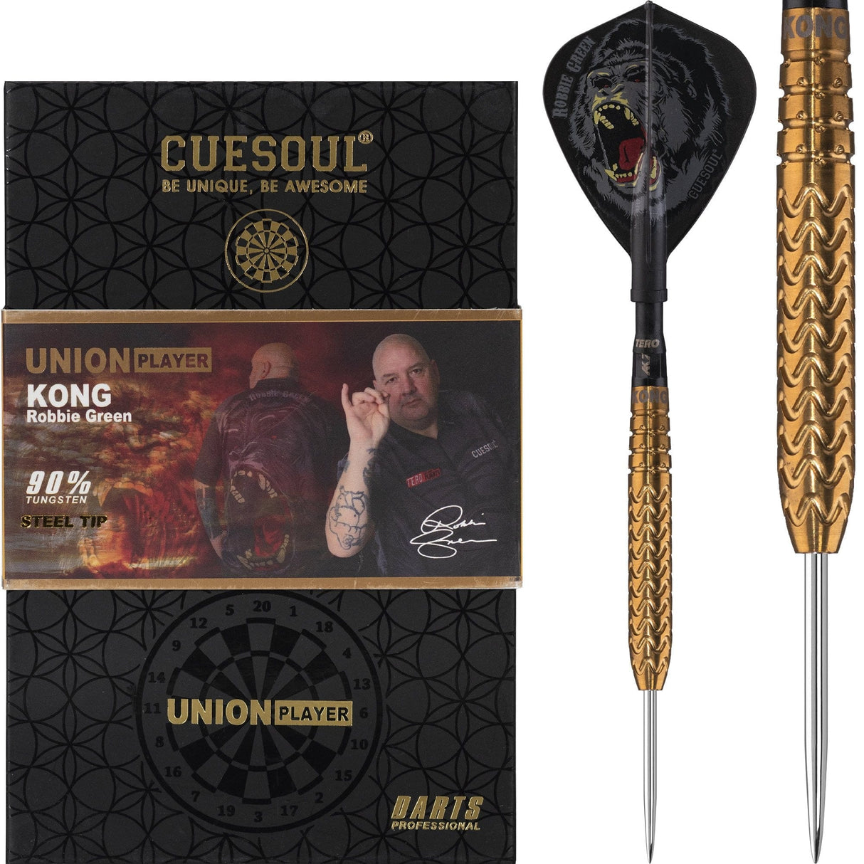 Cuesoul - Steel Tip Tungsten Darts - Robbie Green - Kong - Gold 22g