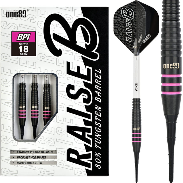 One80 Raise B Darts - Soft Tip - Black - Pink Rings 18g