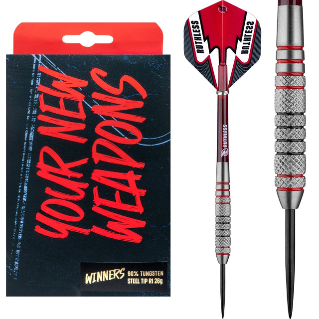 Ruthless Winners Darts - Steel Tip - Knurled - Black & Red - 26g 26g