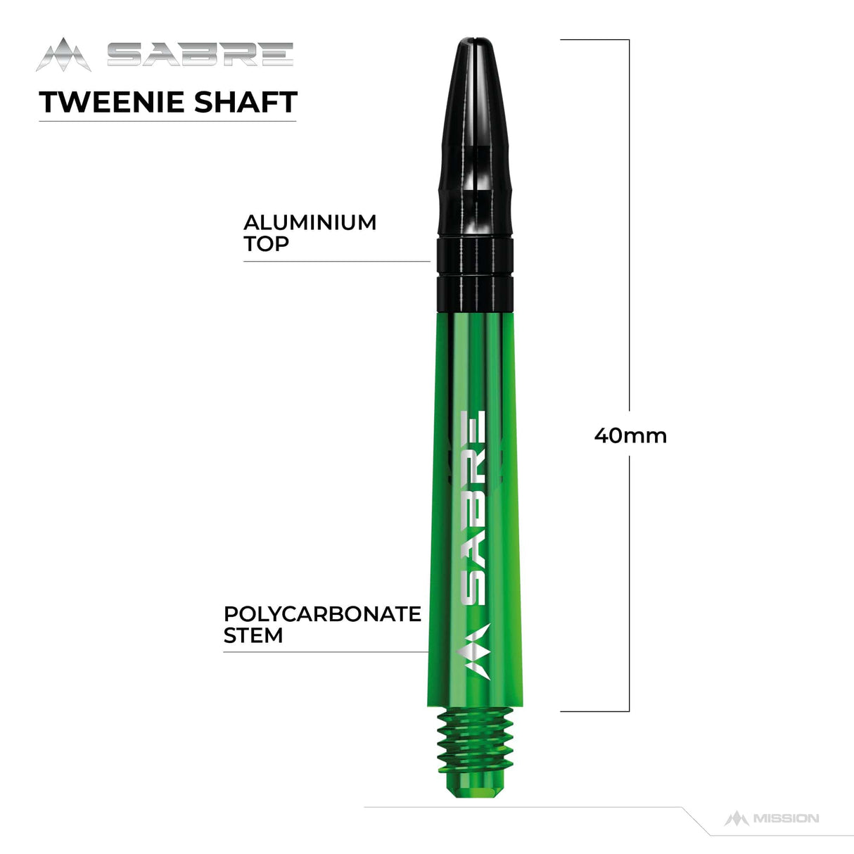 Mission Sabre Shafts - Polycarbonate Dart Stems - Green - Black Top