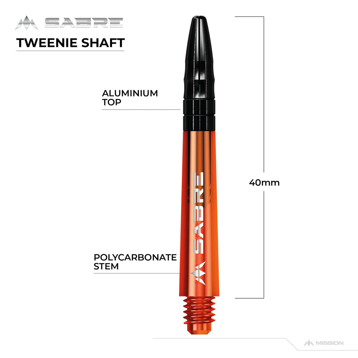 Mission Sabre Shafts - Polycarbonate Dart Stems - Orange - Black Top