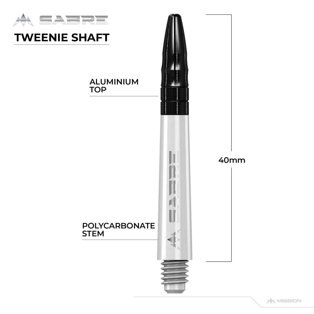 Mission Sabre Shafts - Polycarbonate Dart Stems - White - Black Top