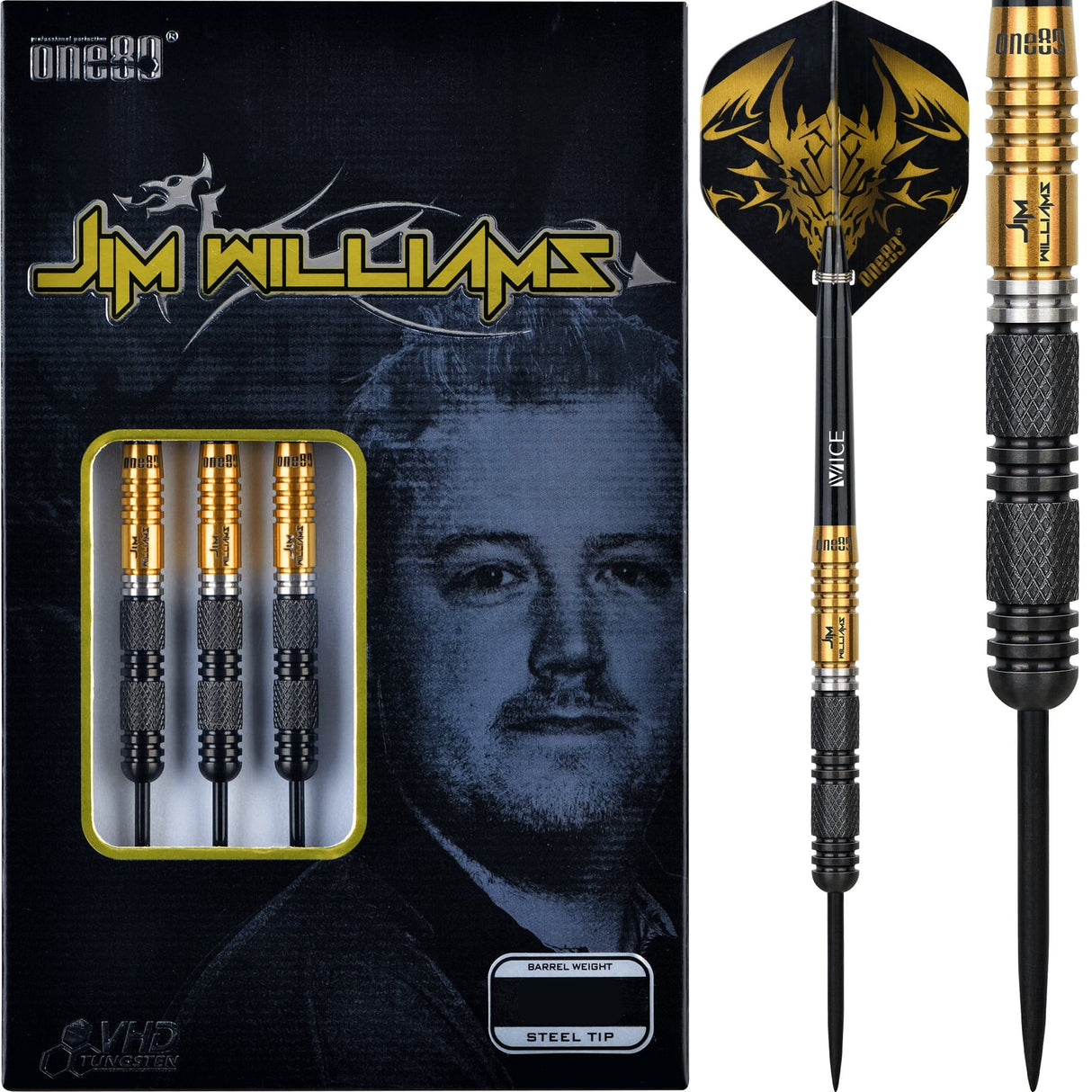 One80 Jim Williams Darts - Steel Tip - Black & Gold 22g