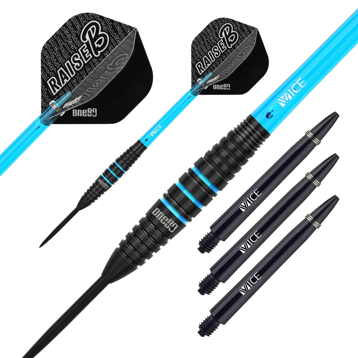 One80 Raise B Darts - Steel Tip - Black - Aqua Blue Rings