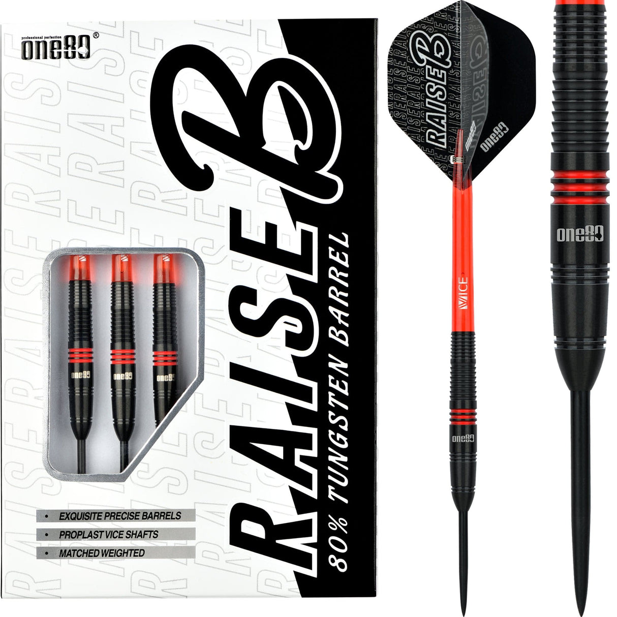 One80 Raise B Darts - Steel Tip - Black - Red Rings 21g